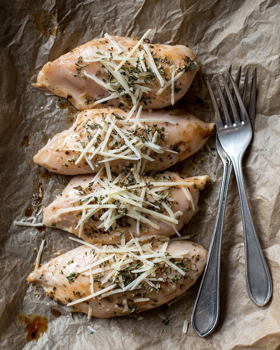 Four pieces of uncooked chicken fillets lie in a row on a sheet of brown parchment paper with some oil and small burnt bits around them. Each fillet is light pink with a slightly shiny texture, topped with thin shredded white cheese and sprinkled evenly with dried herbs showing green and brown shades. On the right side, a silver fork with four tines rests near the bottom fillet. The photo taken with an iphone --ar 4:5 --v 7