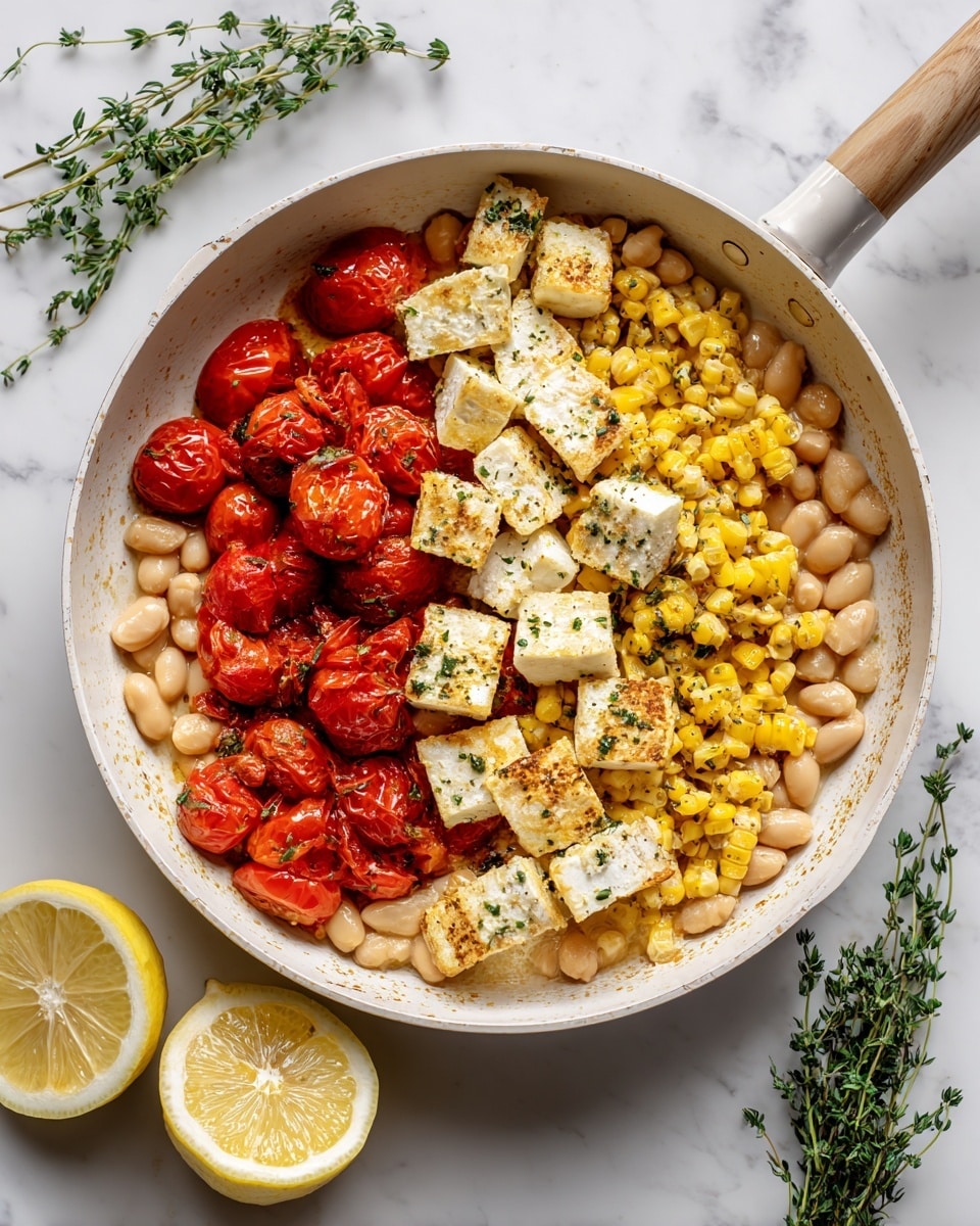A white frying pan shows a dish with three layers: the bottom layer is light beige beans spread all over the pan, the middle layer has red roasted cherry tomatoes scattered evenly, and the top layer consists of bright yellow grilled corn pieces mixed with white cheese cubes sprinkled with green dried herbs. On the white marbled background next to the pan are two yellow lemon wedges and a few sprigs of fresh green thyme. Photo taken with an iphone --ar 4:5 --v 7