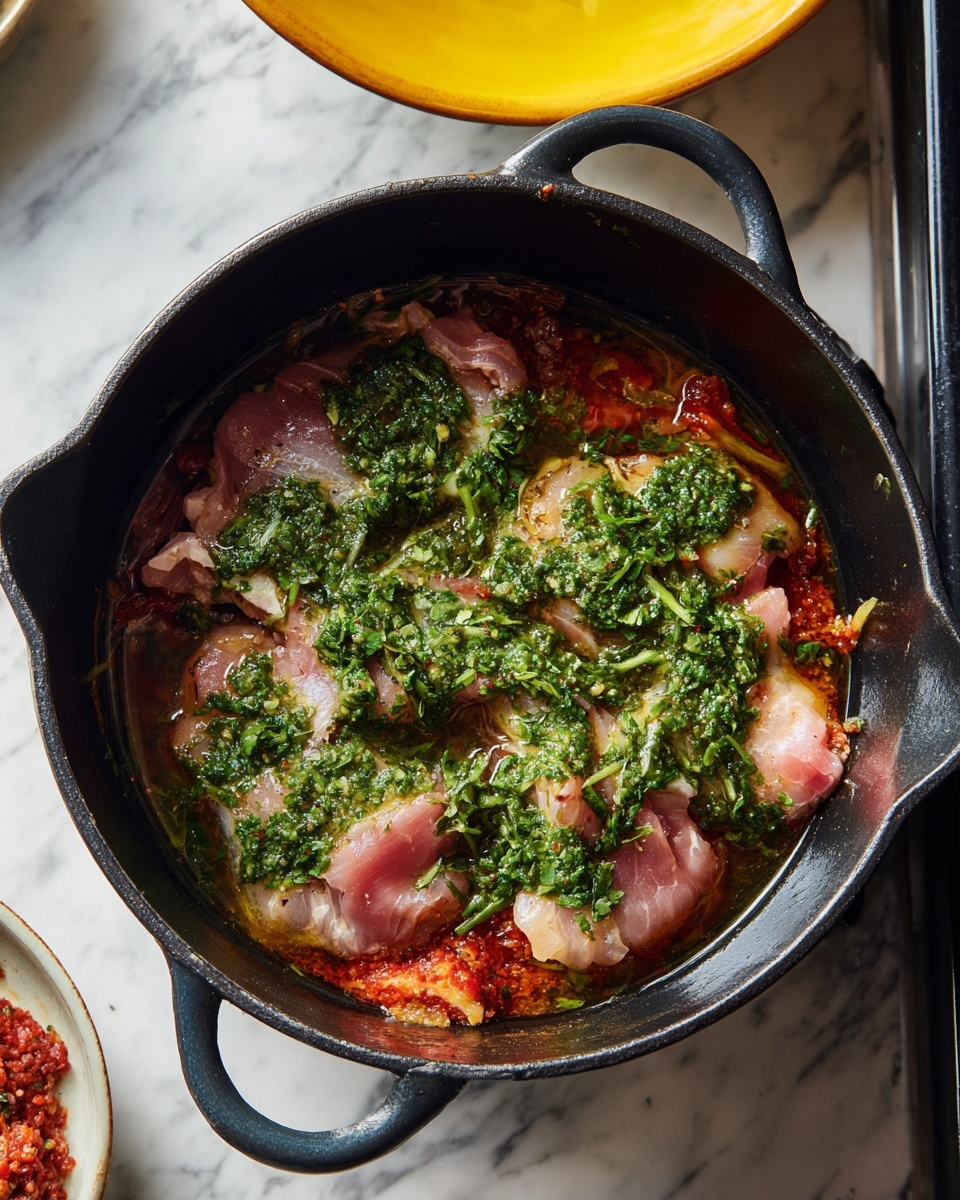 A black cast iron pot sits on a stove burner above a white marbled surface, filled with two main layers of food: the bottom layer is a reddish cooked mixture with a rough texture, likely a sauce or base with small chunks, and the top layer consists of raw pieces of light pink meat covered in a thick green herb sauce with visible leafy bits, unevenly spread over the meat. The pot has a simple design with visible handles, and there is a yellow bowl in the background. Photo taken with an iphone --ar 4:5 --v 7