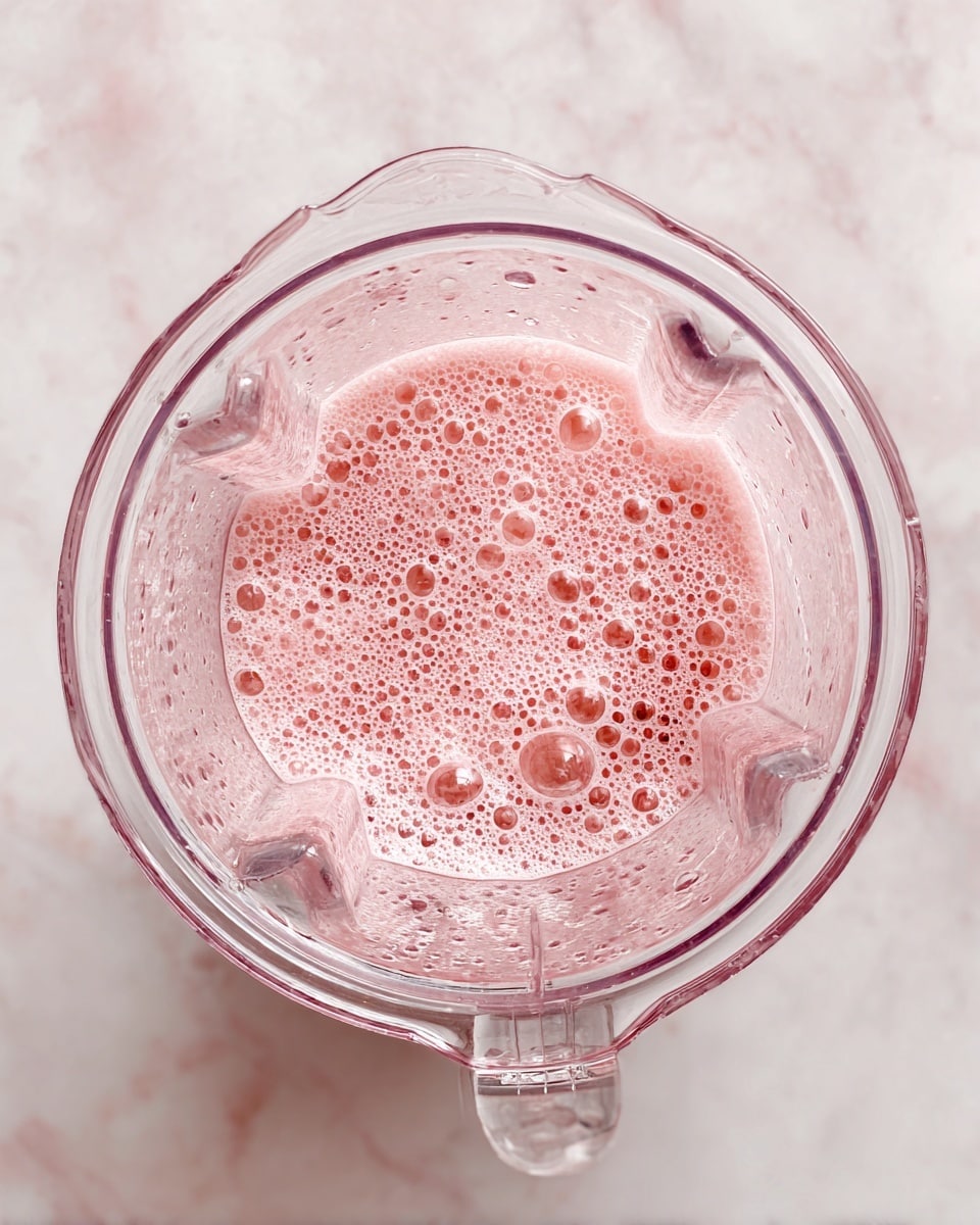 A clear blender container filled with a light pink, bubbly liquid. The liquid has a smooth texture with many small and medium bubbles on the surface. The container is placed on a white marbled surface. The blender container is transparent and shows some splashes of the pink liquid on its sides. photo taken with an iphone --ar 4:5 --v 7