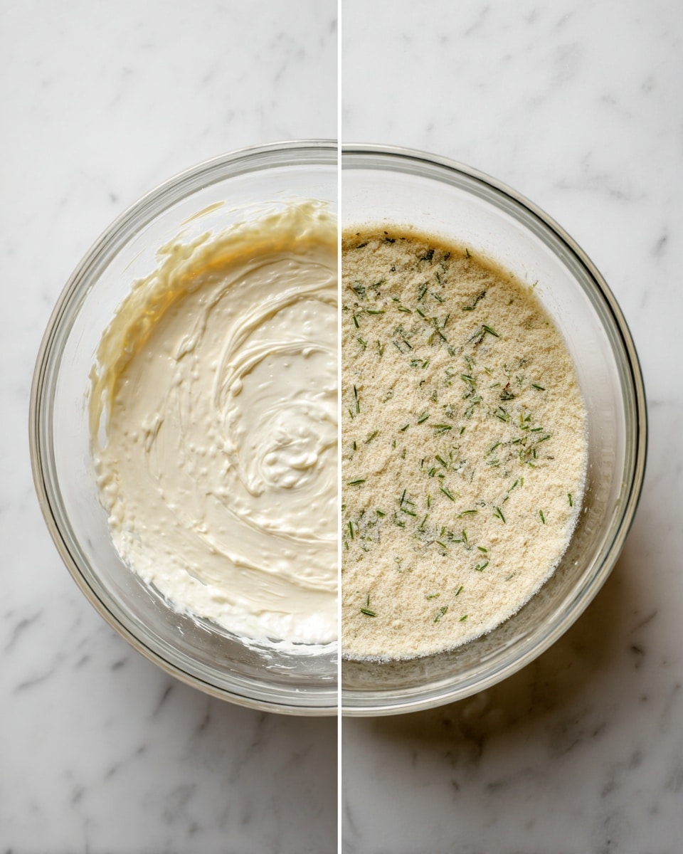 A clear glass bowl sits on a white marbled surface. Inside the bowl, three different layers of ingredients rest side by side: a thick white creamy layer on the left, a pale yellow layer with small green herb flecks on the top right, and a grainy light beige powder forming the third layer filling the rest of the bowl. The second image shows the same clear glass bowl on the same white marbled surface with the ingredients fully mixed into a smooth, slightly bubbly light cream batter. photo taken with an iphone --ar 4:5 --v 7