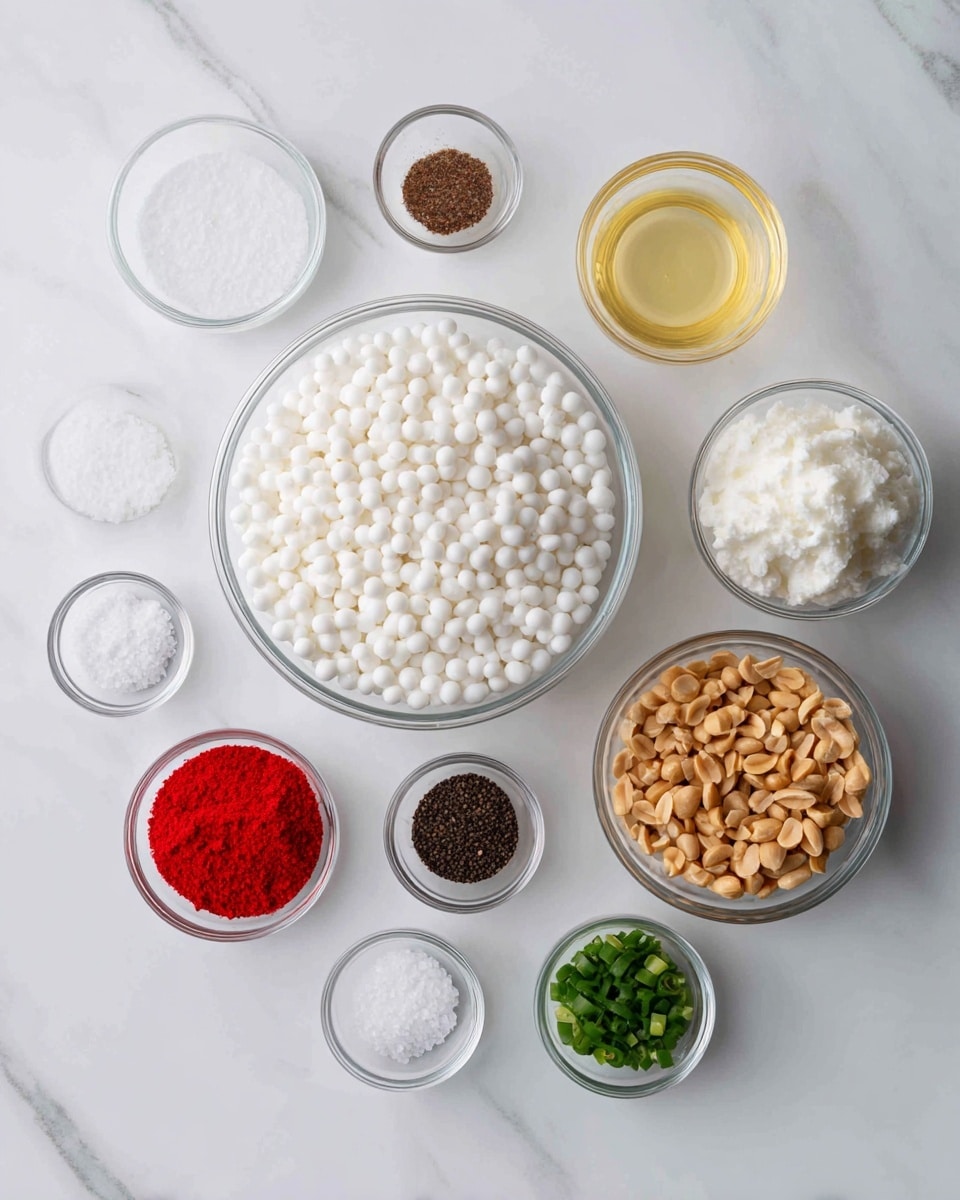 The image shows several clear glass bowls with different ingredients arranged on a white marbled surface. At the center is a large bowl filled with small white tapioca pearls. To its right, a medium bowl contains a white mashed mixture. Below it, a small bowl is filled with crunchy light brown crushed peanuts. Next to it on the left, a small bowl holds bright red powder. Above that, another small bowl contains a pale yellow liquid. On the left side of the main bowl, from top to bottom, are four small bowls: one with a dark brown powder, one with chopped green chili, one with white granulated salt, and one with a white granular ingredient. The setup is neat and well spaced. photo taken with an iphone --ar 4:5 --v 7