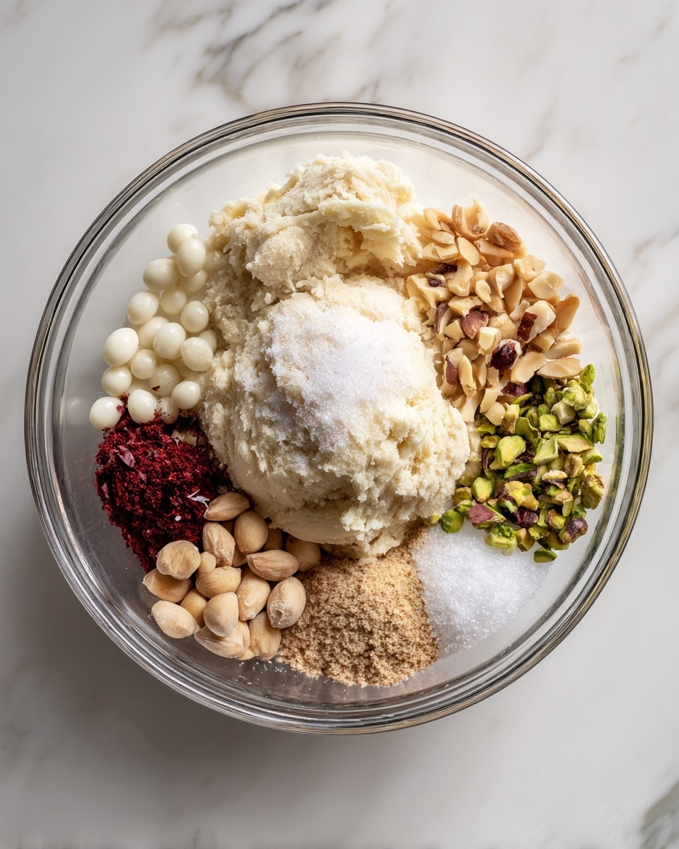 A clear glass bowl with several distinct layers of ingredients is placed on a white marbled surface. The largest portion is a pale, mashed white layer forming a mound slightly off-center, topped with a small heap of fine white powder. Around this mound, several clusters appear: light tan crushed nuts on the upper right, white round beads on the upper left, finely chopped green bits below the beads, a small pile of red powder beneath the green, and two separate piles of brownish powder and granulated white sugar near the center. The ingredients are neatly arranged within the bowl, each keeping its color and texture visible. photo taken with an iphone --ar 4:5 --v 7