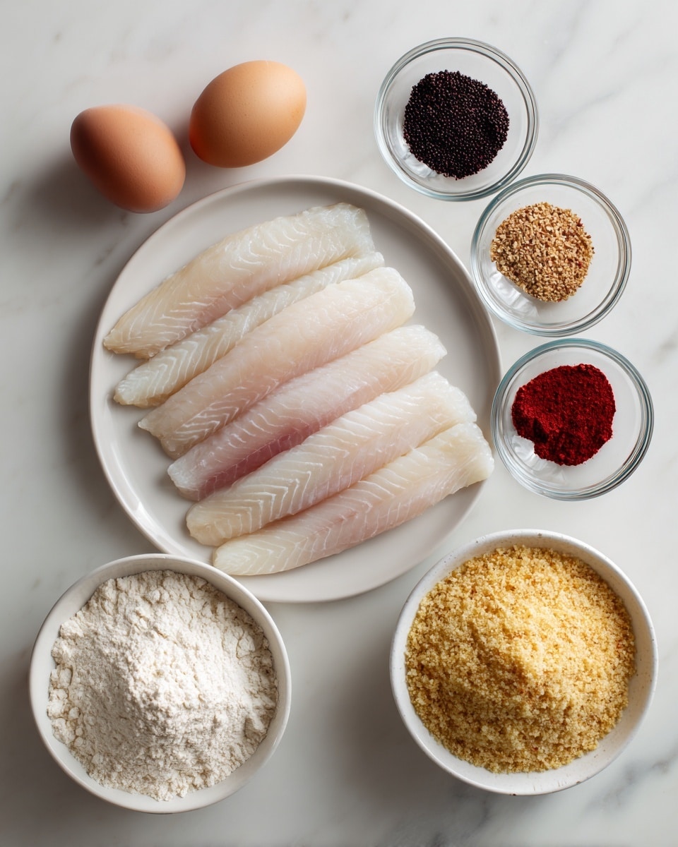 This image shows a white plate at the top center with six pale, raw fish fillets laid out in a neat row. Around the plate, there are six small clear bowls containing different spices in colors of red, black, and beige. Two brown eggs sit to the left of the plate. Below the eggs, a white bowl filled with white flour is placed on the white marbled surface. Next to it on the right is another white bowl filled with golden brown breadcrumbs. The whole setup is arranged neatly on a clean white marbled background. Photo taken with an iphone --ar 4:5 --v 7