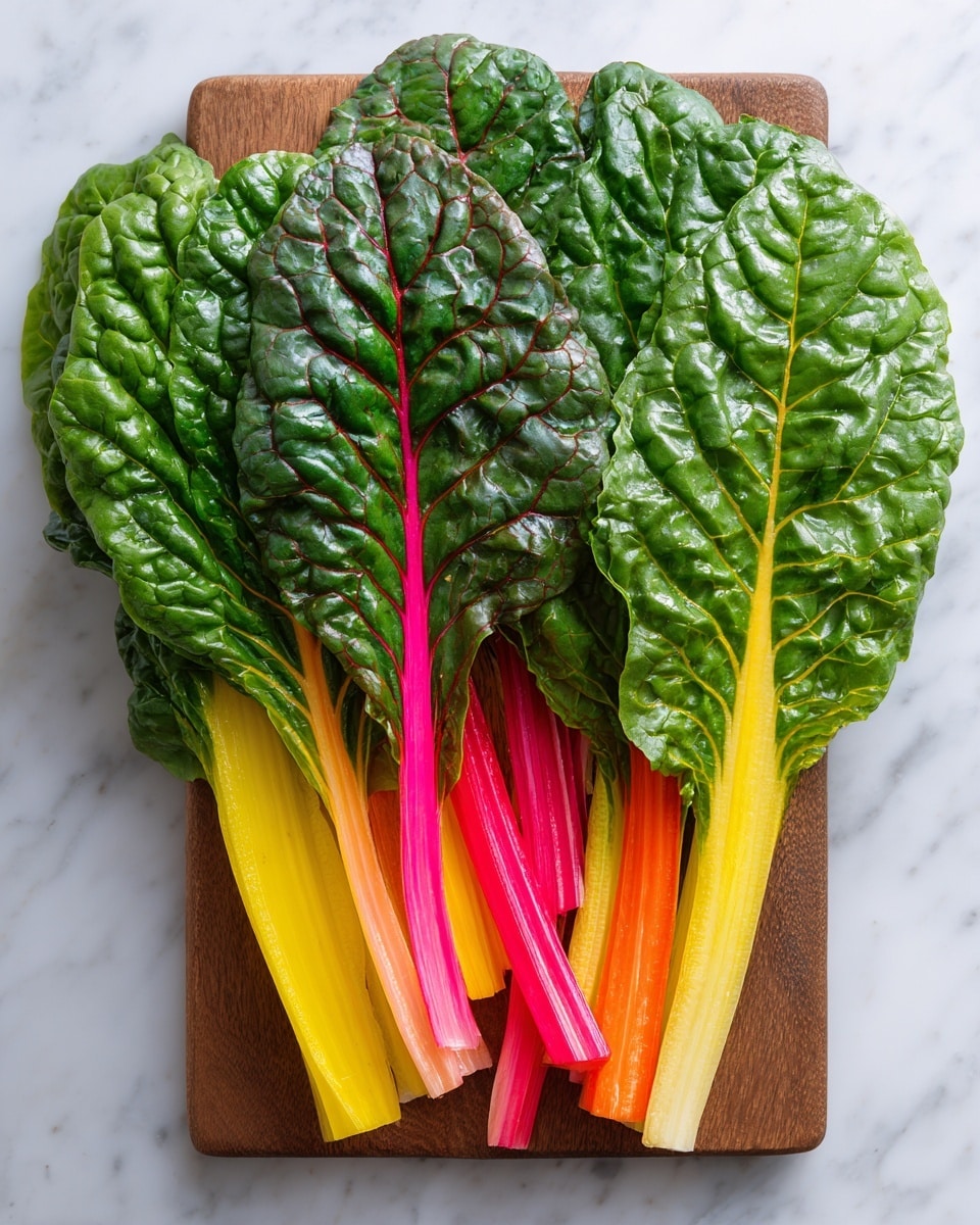 The image shows a bunch of colorful Swiss chard leaves arranged on a wooden board placed on a white marbled surface. The Swiss chard has three layers visible: the first layer is the long, bright yellow stalks at the bottom, with a smooth texture; the second layer consists of red, orange, and pink stalks placed side by side, also smooth; the third layer is the large green leaves with visible veins, some darker and more crinkled, covering the stalks and spreading outwards. The overall colors are green, yellow, red, pink, and orange, mixing in a natural, fresh look. photo taken with an iphone --ar 4:5 --v 7