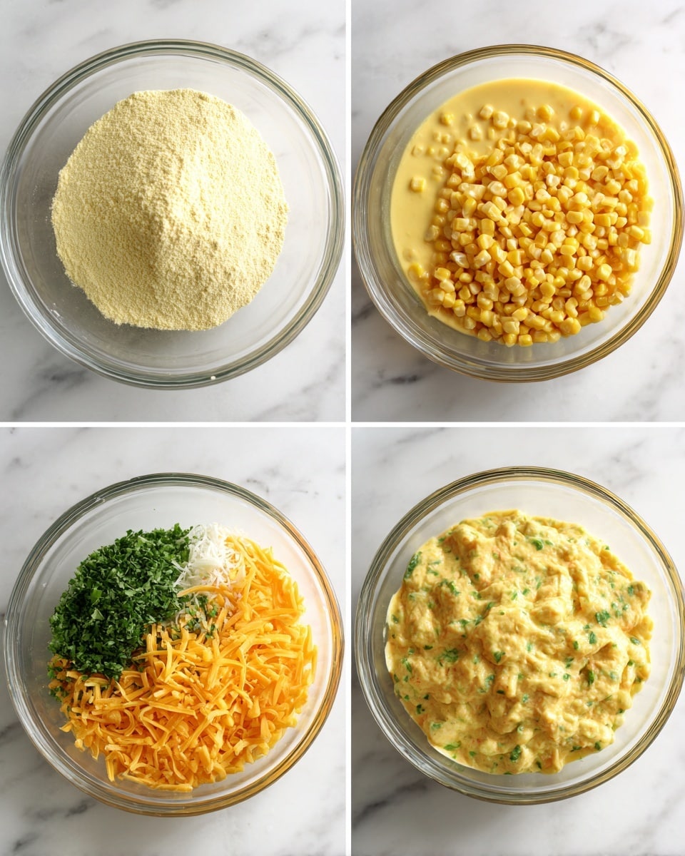 The image shows a four-part collage of mixing ingredients in clear glass bowls on a white marbled surface. The first part has a measuring cup with two egg yolks and a small pile of white powder on top, showing bright yellow and white colors with a smooth glass texture. The second part shows the same cup with a smoother mix of yellow and slightly foamy texture. The third part is a bowl with yellow liquid mixed with green bits and white flakes, giving a more complex texture and color mix. The final part shows the bowl with a fully combined, creamy yellow mixture with visible green specks, creating a thick, smooth texture. Photo taken with an iphone --ar 4:5 --v 7
