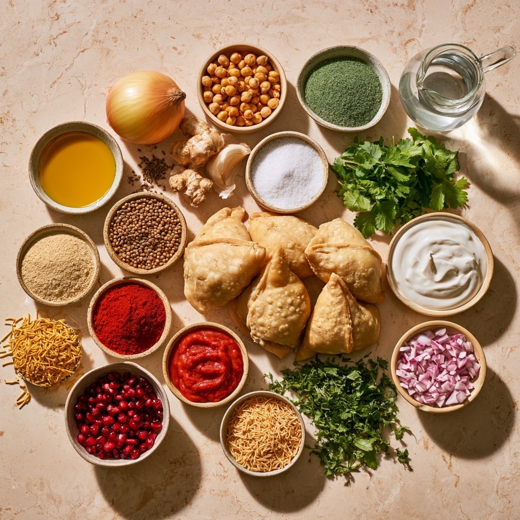 Inside a shiny steel cooking pot, finely chopped translucent onions form the base layer, spread evenly across the bottom. On top of this layer, four distinct spice piles sit close together: bright red, golden yellow, dark brown, and white, each with a powdery texture. The pot is set against a white marbled surface, enhancing the colors of the ingredients. photo taken with an iphone --ar 4:5 --v 7