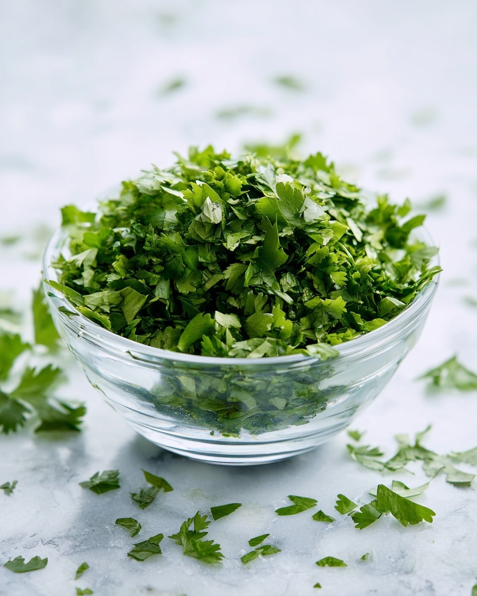 A clear glass bowl filled with finely chopped fresh green cilantro leaves is shown. The leaves have a mix of bright and dark green shades, giving the pile a fresh and lively look. The bowl sits on a white marbled textured surface that softly reflects light. Some small pieces of cilantro are scattered lightly around the base of the bowl. The focus is sharp on the herb pile, showing the delicate detail of the leaves and their texture. photo taken with an iphone --ar 4:5 --v 7