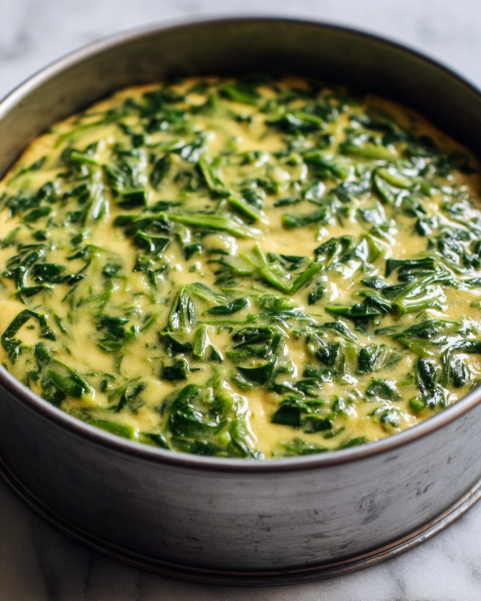 A close-up image showing a metal round cake mold filled with a thick green mixture made of chopped leafy greens and a creamy yellow base. The mixture has a chunky texture with visible pieces of vegetables, spread evenly to the top of the mold. The mold sits on a white marbled surface. The lighting highlights the glossy, slightly wet look of the mixture. Photo taken with an iphone --ar 4:5 --v 7