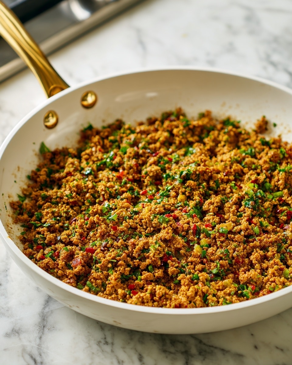 A white frying pan filled with cooked ground meat mixed with small pieces of green herbs and red bits, giving a textured, crumbly look. The food has a warm light brown color with specks of green and red mixed in, spread evenly across the pan. The pan handle is shiny and metallic gold color. The pan is placed on a stove with a white marbled surface in the background. Photo taken with an iphone --ar 4:5 --v 7