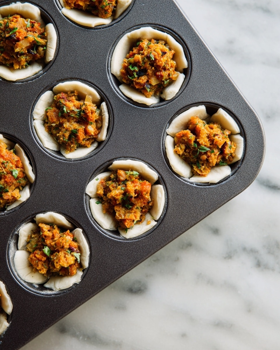 A dark gray metal muffin tray holds twelve cavities, each filled with a small square of white dough lining the bottom and sides, forming little cups. Inside each dough cup is a rough, chunky filling made of mixed ingredients with an orange-brown color and bits of green herbs visible throughout. The tray rests on a white marbled surface with soft gray veining. The lighting is natural, highlighting the textures of the dough and filling. photo taken with an iphone --ar 4:5 --v 7