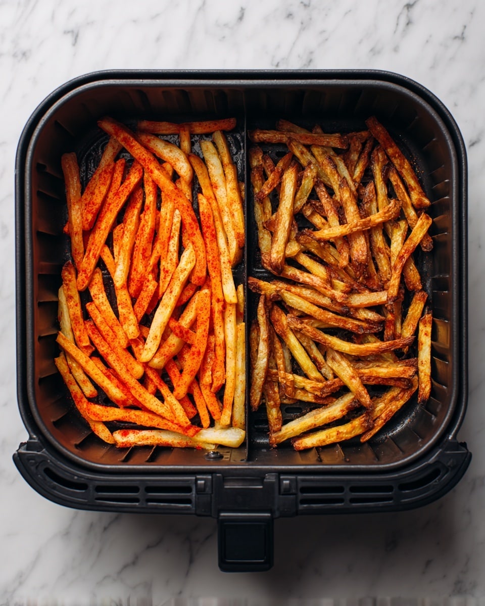The image shows two side-by-side views inside a square black air fryer basket placed on a white marbled surface. On the left side, there are thick strips of raw potato seasoned with bright orange-red spices, spread out evenly in one layer. On the right side, the same potato strips are cooked, turning darker with a deep golden brown and crispy texture showing some char marks, still lying in one layer inside the basket. Photo taken with an iphone --ar 4:5 --v 7