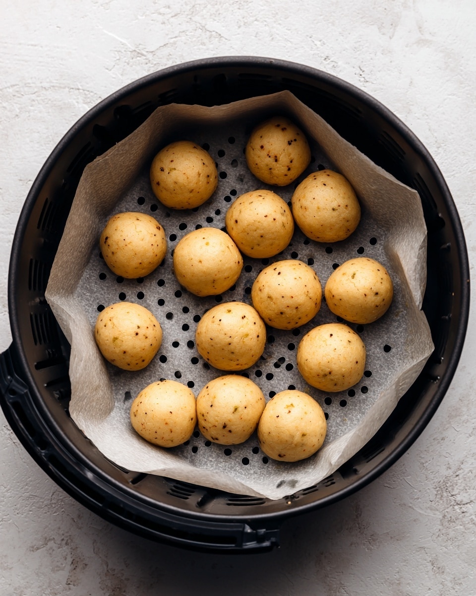 Inside a black air fryer basket lined with a round sheet of parchment paper that has small round holes spread evenly over it, there are 14 small dough balls placed in a scattered arrangement. The dough balls are light tan with tiny dark specks and have a smooth texture. The background and surface visible around the basket is a white marbled texture. photo taken with an iphone --ar 4:5 --v 7
