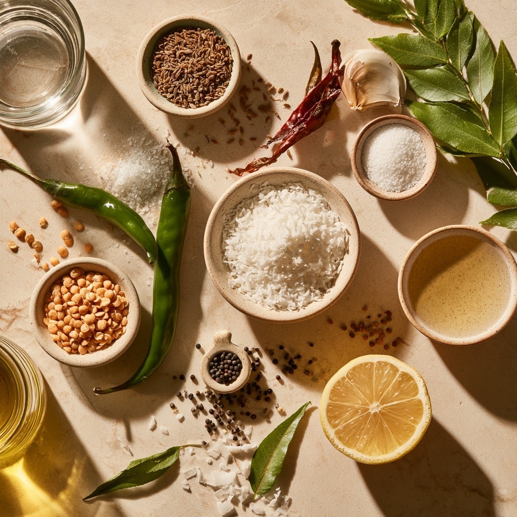 Inside a clear blender jar, there are several visible layers of ingredients. At the bottom, there is a white, fluffy layer of grated coconut. On top of this, there are small, round, pale yellow pieces that look like split chickpeas. Near the edge, two whole green chilies lie on the white coconut layer. A whole garlic clove and small brown cumin seeds are also placed beside the chilies. The blender jar has clear sides with measuring lines and is placed on a white marbled surface. Photo taken with an iphone --ar 4:5 --v 7