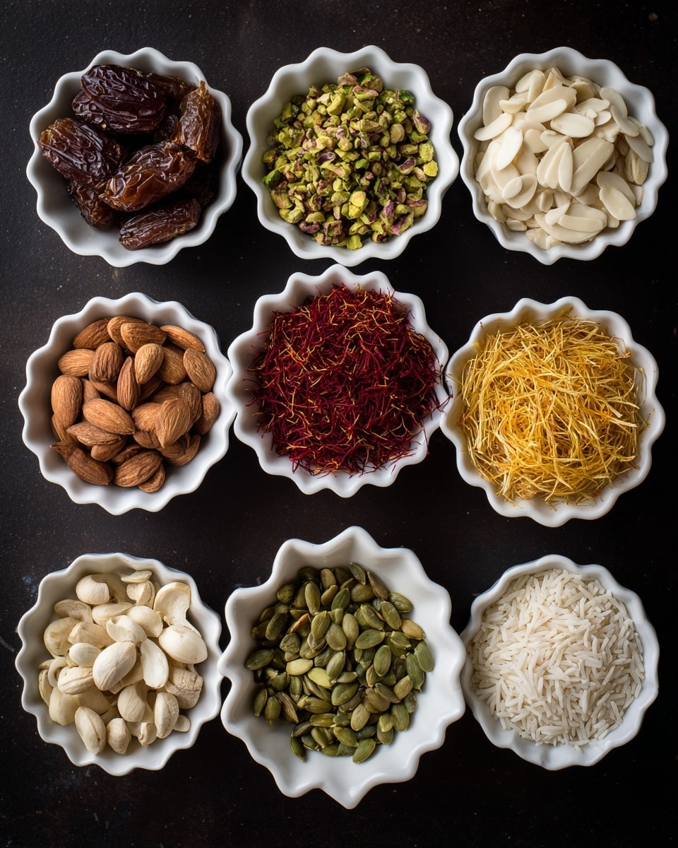 The image shows nine small white bowls arranged in a 3x3 grid on a dark surface. The top row has chopped brown dates in the left bowl, chopped green pistachios in the middle, and sliced white almonds in the right bowl. The middle row has red saffron strands in the left scalloped bowl, thin golden yellow sev noodles in the center bowl, and light brown sugar in the right scalloped bowl. The bottom row has white sliced almonds in the left bowl, green pumpkin seeds in the middle, and white rice grains in the right bowl. Each bowl is filled neatly, showing the different colors and textures of the ingredients clearly, photo taken with an iphone --ar 4:5 --v 7
