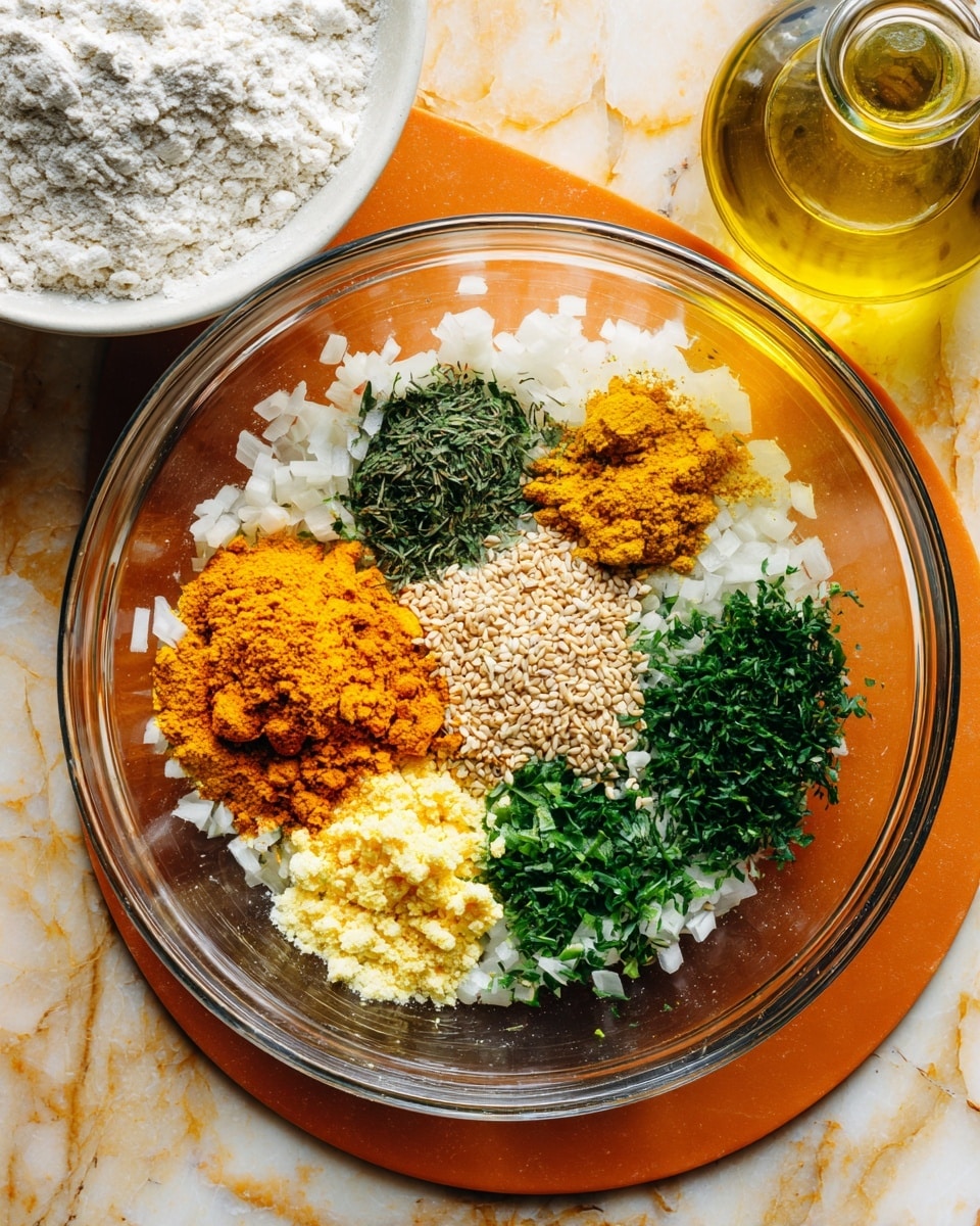A clear glass bowl sits on an orange silicone mat placed over a white marbled surface. Inside the bowl, various fresh ingredients are arranged in separate small piles: bright orange turmeric, yellowish grated ginger, finely chopped green herbs, coarse white salt, and light brown sesame seeds, all on top of a base of finely chopped white onions. To the left of the bowl, a white bowl filled with white flour is partially visible. At the top right corner, there is a glass bottle filled with golden olive oil. Photo taken with an iphone --ar 4:5 --v 7