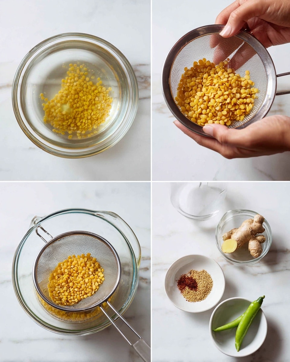The image shows four steps of preparing soaked yellow lentils in a clear glass bowl on a white marbled surface. In the first frame, the bowl is filled with water and yellow lentils soaking. In the second frame, a woman's hand holds some soaked yellow lentils above the bowl. The third frame shows the lentils being drained using a metal strainer placed over another clear glass bowl, with a small white bowl holding two ginger pieces and a green chili nearby. In the fourth frame, soaked lentils, two ginger pieces, a green chili, and a sprinkle of cumin seeds are placed inside a clear blender jar, ready for blending. Photo taken with an iphone --ar 4:5 --v 7
