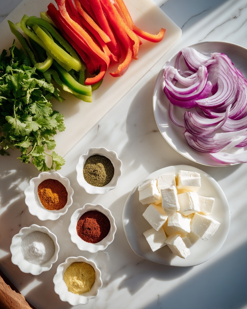 The image shows a white marbled surface with a white plate filled with white cubed cheese placed on the upper right side. Next to it, thinly sliced purple onions are arranged loosely beside red and green bell pepper strips, placed on a white cutting board in the top left area. Fresh green cilantro leaves rest beside the peppers on the left. At the bottom of the image, five small white scalloped bowls hold different spices and powders in red, green, brown, yellow, and white colors, evenly spaced in a row. Two additional small white bowls contain white and yellow pastes or powders, placed above the row of spices. The scene is bright with natural light, and the photo is taken with an iphone --ar 4:5 --v 7