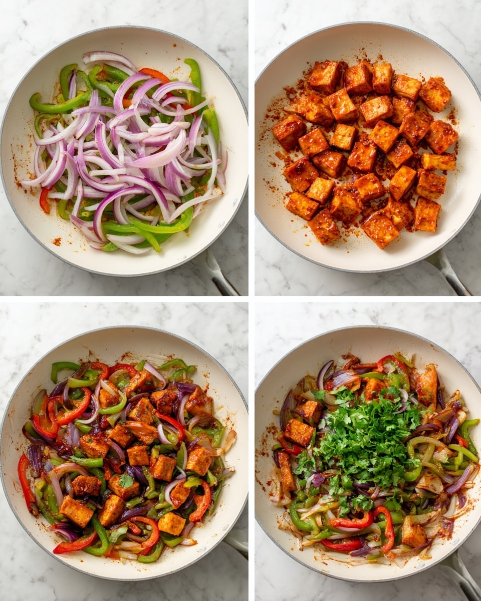 The image shows four panels of a cooking process in a white pan on a white marbled surface. In the first panel (top left), there are thin slices of red onions, green bell peppers, and red bell peppers layered evenly across the pan. The second panel (top right) adds chunks of reddish-orange tofu on top of the vegetables, with more red onion and pepper slices still visible around the tofu. The third panel (bottom left) shows the tofu and vegetables mixed together and cooked, with the tofu slightly browned and the peppers softened, creating a mix of green, red, orange, and purple colors. The fourth panel (bottom right) has chopped fresh green cilantro scattered on top of the cooked tofu and peppers, adding a fresh green layer to the mixture. Photo taken with an iphone --ar 4:5 --v 7