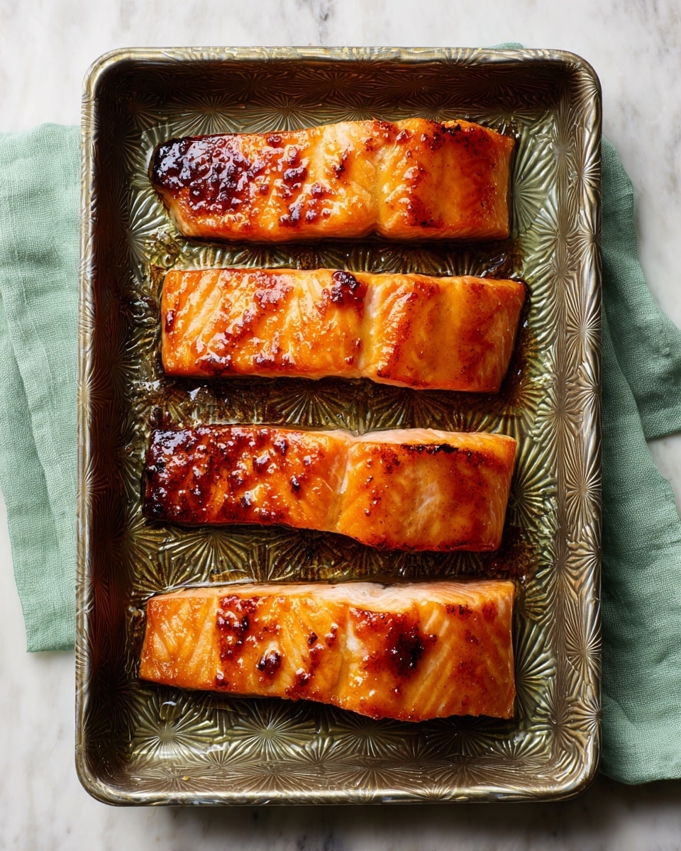Four rectangular pieces of cooked salmon lie side by side in a metal baking tray with a textured zigzag pattern. Each piece has a shiny, slightly charred orange-brown surface with a glaze that reflects the light, showing some darker spots where the salmon is crispier. The tray rests on a soft green cloth, all placed on a white marbled surface. photo taken with an iphone --ar 4:5 --v 7