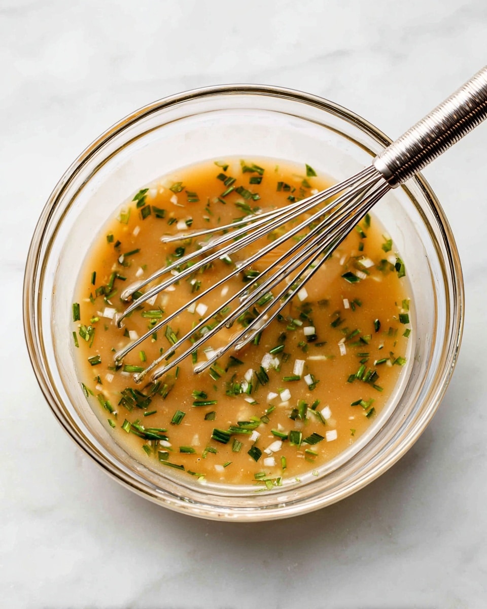 A clear glass bowl on a white marbled surface holds a light brown sauce mixed with small bits of green herbs and white pieces. A silver metal whisk with thin wires is resting inside, partially submerged in the sauce, mixing it gently. The sauce has a smooth but slightly textured look, showing it has been stirred but still has tiny solid parts floating inside. Photo taken with an iphone --ar 4:5 --v 7