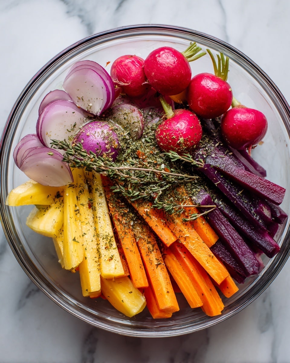 The image shows a large clear glass bowl filled with a colorful mix of raw vegetables sprinkled with dried herbs. There are whole and halved red radishes with green tops at the front, deep purple and yellow carrot sticks on the right side, bright orange carrot sticks next to them, and several pieces of peeled light purple onion on the left. The herbs are scattered evenly over all the vegetables, giving a speckled green and brown look. The bowl sits on a white marbled surface. photo taken with an iphone --ar 4:5 --v 7