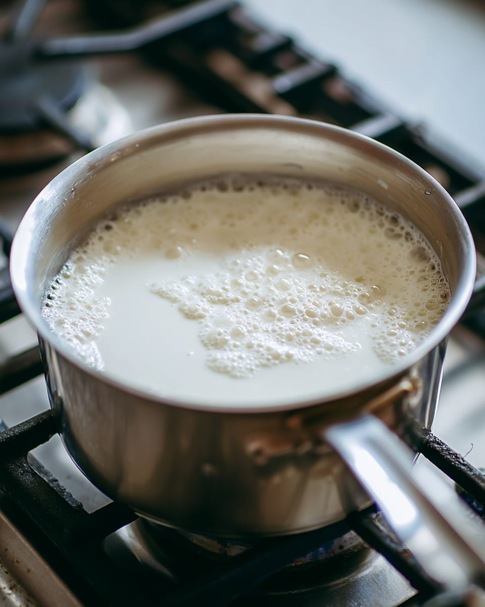 A close-up view of a metal pot filled with boiling milk. The milk is creamy white with small bubbles and foam on top, showing active boiling. The pot has a shiny silver surface with a long handle and sits on a gas stove with black grates. The background is out of focus but shows parts of the stove. The whole scene is bright and clean. photo taken with an iphone --ar 4:5 --v 7