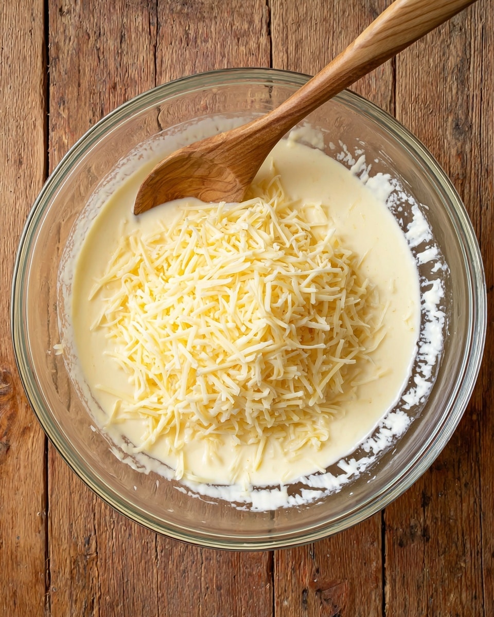 A clear glass bowl filled with a pale yellow creamy mixture as the bottom layer, topped with a heap of shredded light yellow cheese in the center. A wooden spoon rests inside the bowl, with its flat end buried slightly in the cheese and cream mix. The bowl sits on a wooden surface, and the inside of the bowl shows some streaks of the creamy mixture on the sides. photo taken with an iphone --ar 4:5 --v 7