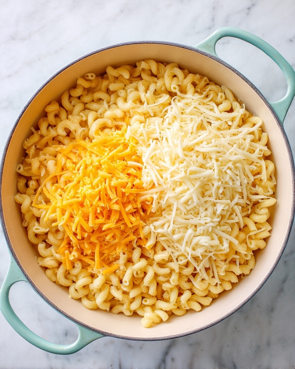 A close-up image showing a white cooking pot filled with curly pasta as the base layer, light beige in color with a soft texture. On top of the pasta, there is a thick pile of shredded cheese in two visible layers: one side has bright orange cheddar cheese, and the other side has pale yellow shredded cheese, both finely shredded and covering the pasta completely. A wooden spoon is placed on the left side, slightly touching the cheese. The pot is set on a white marbled surface. Photo taken with an iphone --ar 4:5 --v 7