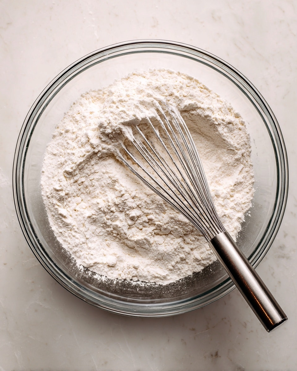 In a clear glass bowl, there is a large amount of white flour with a few clumps, giving a soft, powdery texture. A metal whisk with silver wires lies partially buried in the flour, angled diagonally from the bottom left toward the center right. The inside of the bowl shows some streaks of flour on its sides, and the setup is on a white marbled surface. photo taken with an iphone --ar 4:5 --v 7