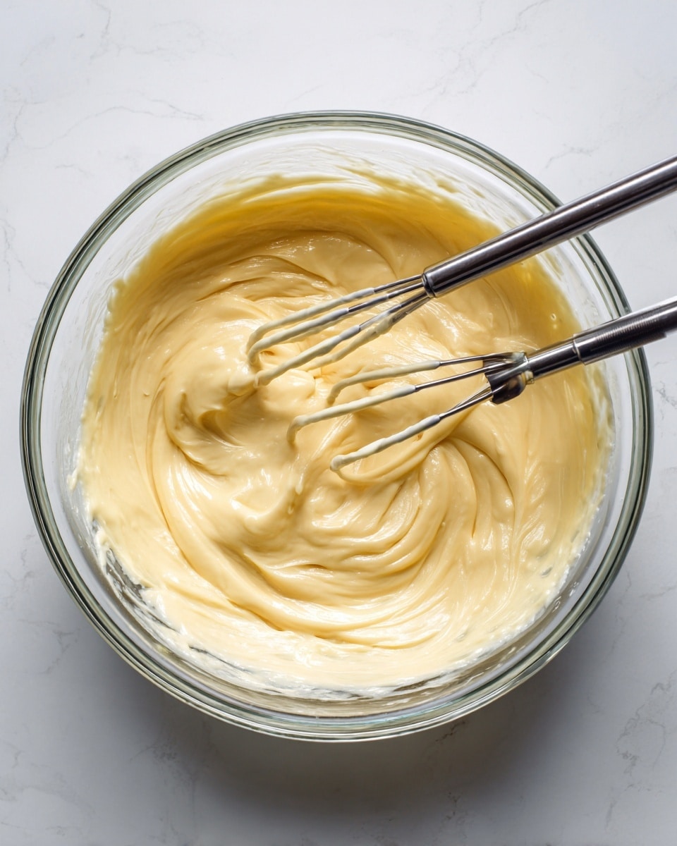 A close-up view of a clear glass bowl filled with smooth, creamy pale yellow batter. Two metal beaters are partially dipped into the batter, swirling it in the center, creating soft folds and ridges across the batter’s surface. The bowl is placed on a white marbled surface, and the texture of the batter looks thick and soft, with a glossy finish showing the freshness of the mix. Photo taken with an iphone --ar 4:5 --v 7