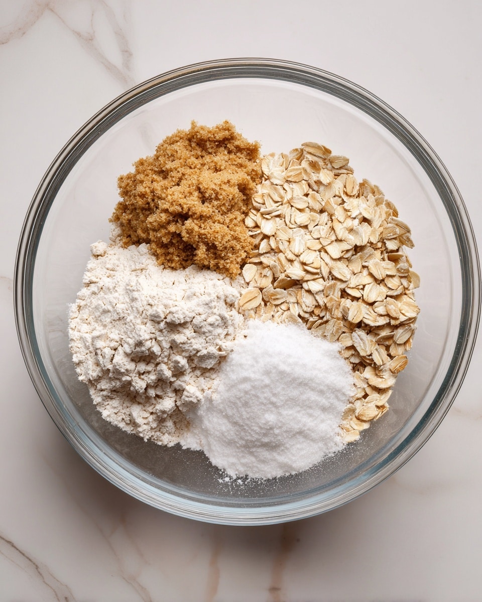 A clear glass bowl on a white marbled surface contains four separate piles of ingredients; to the right there are light tan rolled oats with a rough, flat texture, on the top left a mound of light brown sugar with a grainy, slightly clumpy look, below it a soft off-white flour with a fine powdery texture, and in the center near the bottom some white baking powder or salt with a fine granulated texture, all placed side by side inside the bowl showing distinct colors and textures. photo taken with an iphone --ar 4:5 --v 7