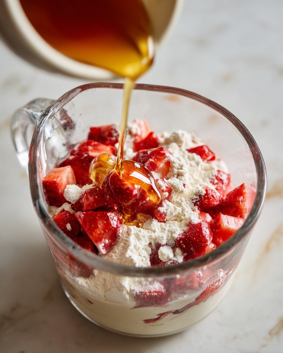A clear glass measuring cup filled with three main layers: at the bottom are chunks of bright red strawberries, the middle layer is white powdery flour scattered unevenly over the strawberries, and honey is being poured from above in a slow, golden stream onto the mixture, adding a sticky, shiny texture to the top. The measuring cup sits on a white marbled surface. The photo is taken with an iphone --ar 4:5 --v 7