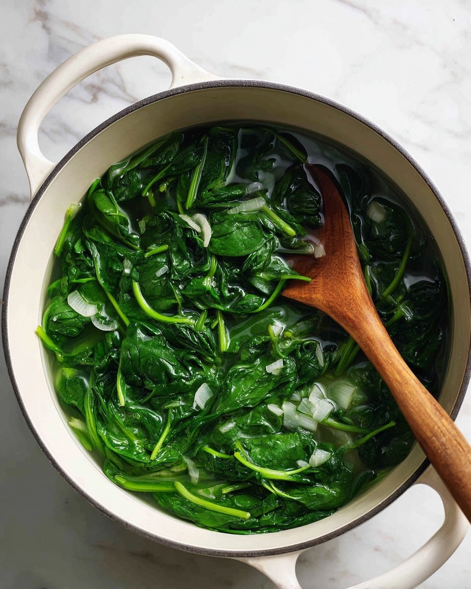A white pot filled with bright green spinach leaves cooking in clear water with small pieces of chopped white onion visible under the spinach. A wooden spoon rests inside the pot on the left side. The pot is on a stove with a white marbled texture surface around it. Photo taken with an iphone --ar 4:5 --v 7