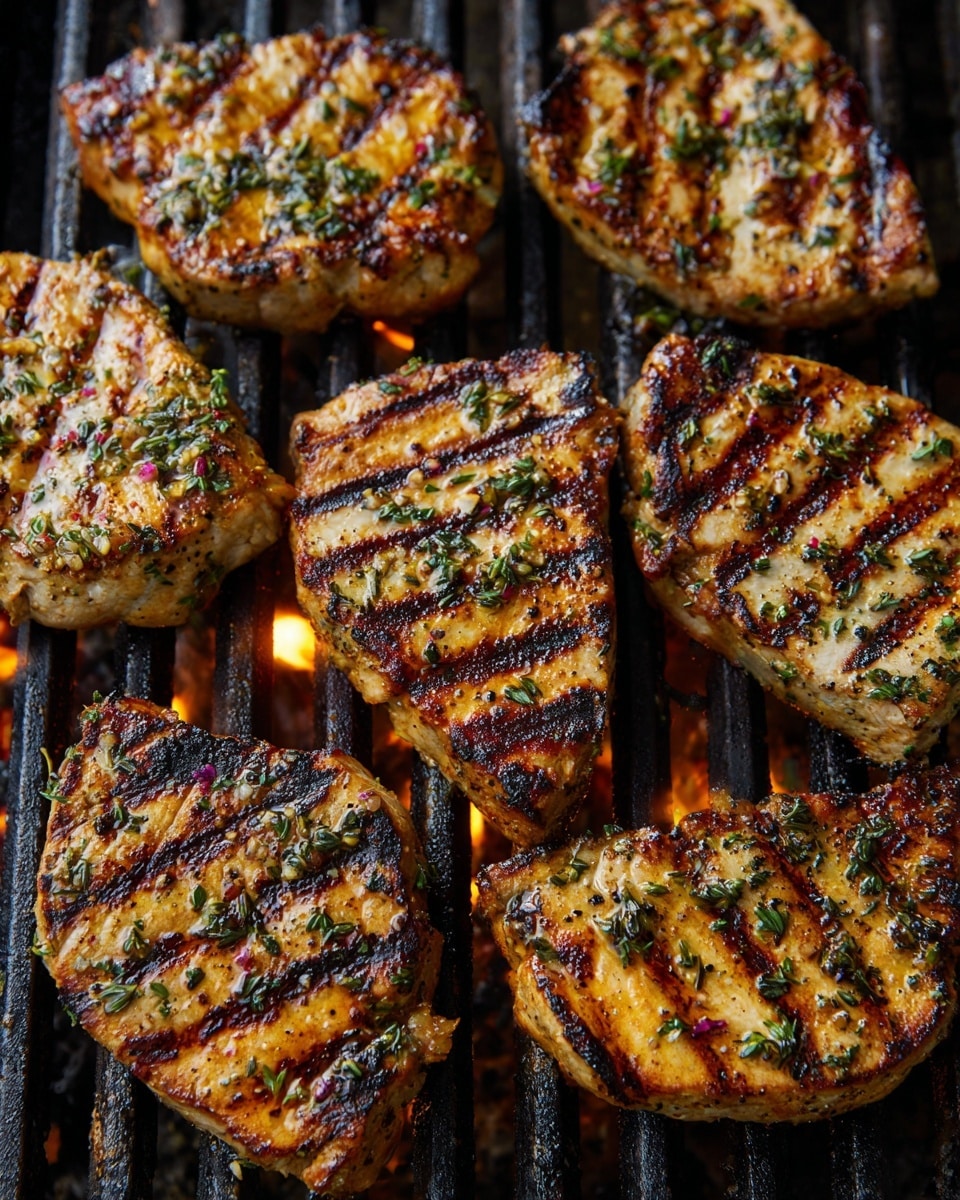 There are eight pieces of seasoned meat grilling on a black metal grate. Each piece has clear dark brown grill marks that cross over the light golden brown meat, showing a mix of cooked and slightly charred areas with herbs visible on the surface. The pieces vary in shape but all have a similar thickness and texture, with some parts slightly darker where the heat has touched more. The background is the grill, with small flames visible around the edges. Photo taken with an iphone --ar 4:5 --v 7