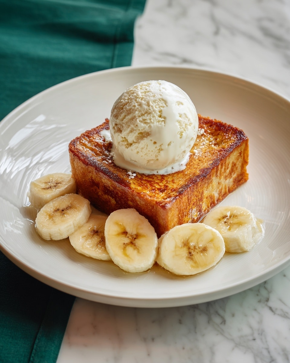 A white plate holds a thick piece of golden brown toast with a slightly crispy, textured surface on the right side. On top of the toast rests a large scoop of creamy white ice cream with subtle specks of vanilla. Around the left side of the toast, there are several round slices of pale yellow banana arranged in a loose semicircle. The plate is set on a white marbled surface with a hint of a dark green cloth on the left edge. photo taken with an iphone --ar 4:5 --v 7