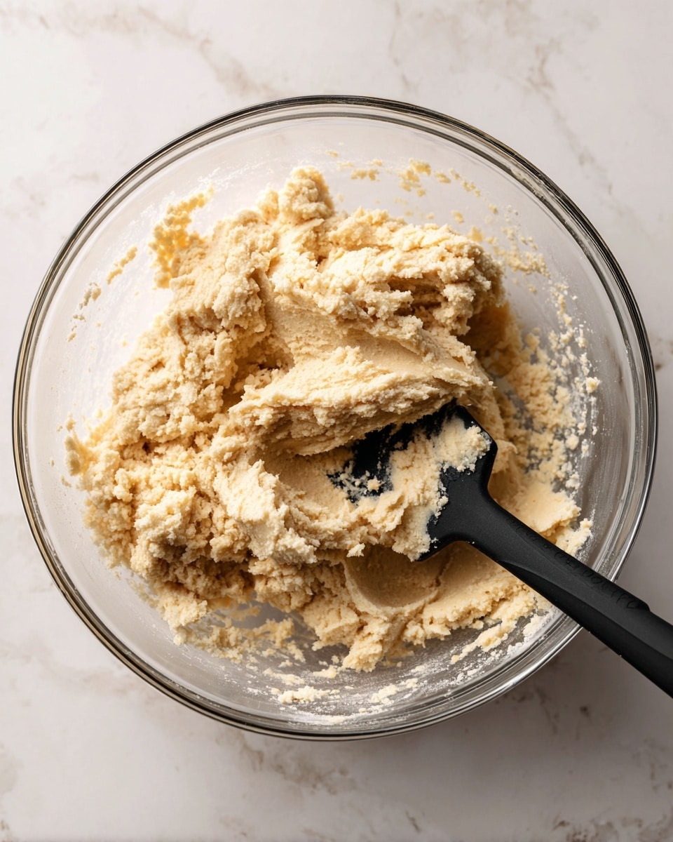 In a clear glass bowl placed on a white marbled surface, there is a thick, beige dough with a slightly crumbly texture. The dough fills about half of the bowl, with visible rough and smooth parts where it has been pressed. A black silicone spatula is partly embedded in the dough, with dough sticking to its flat side. Around the edges of the bowl, some small bits of dough cling to the inner surface, showing the dough’s dense and soft nature. The background is softly blurred, keeping the focus on the creamy dough mixture photo taken with an iphone --ar 4:5 --v 7