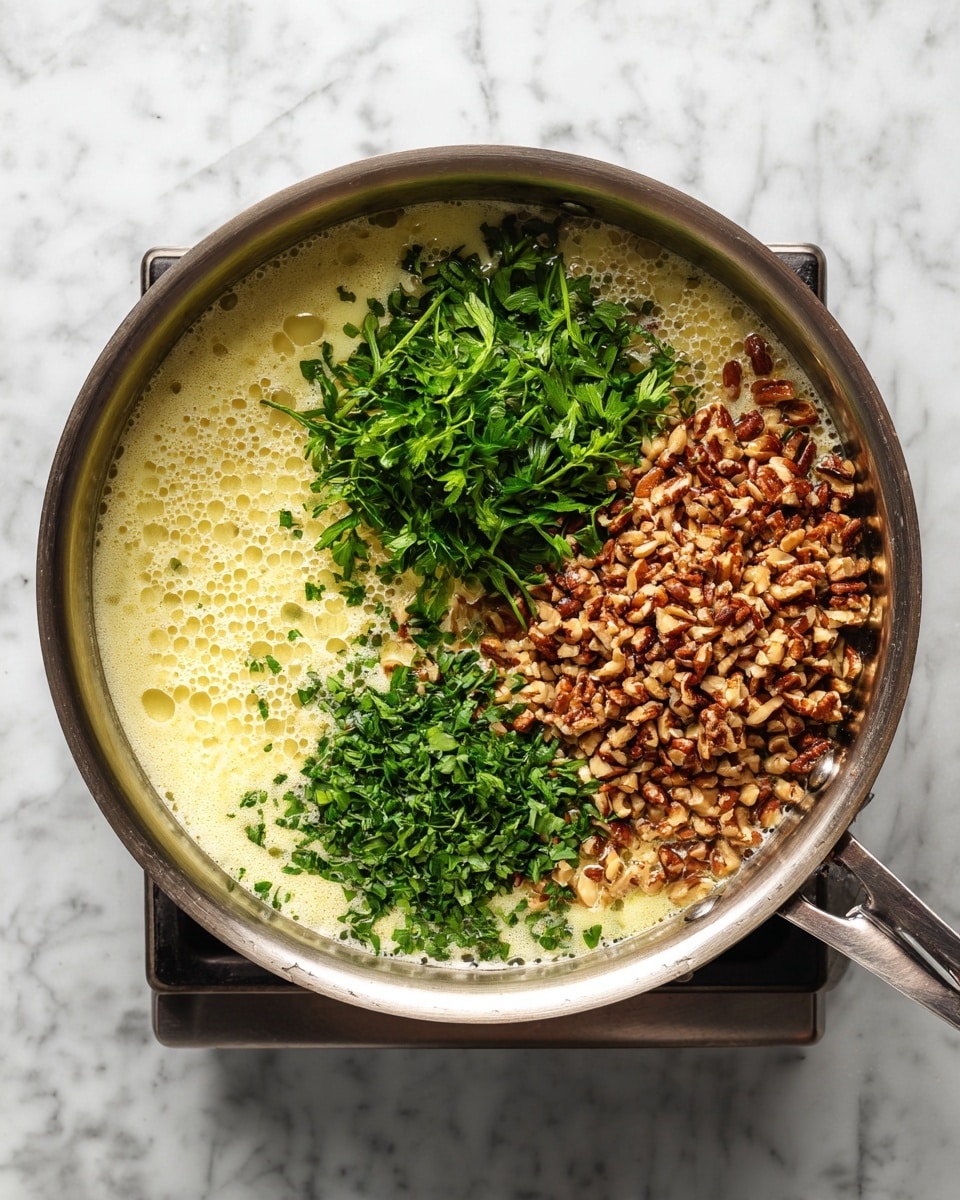 A silver pan is shown from above, sitting on a stove with a white marbled surface underneath. Inside the pan, a bubbling light yellow liquid fills most of the space. On the right side, there is a neat pile of small, chopped brown nuts. Next to the nuts, slightly left and lower, there are chopped fresh green herbs. Both the nuts and herbs sit on top of the bubbling liquid, creating a contrast of textures and colors within the shiny pan photo taken with an iphone --ar 4:5 --v 7