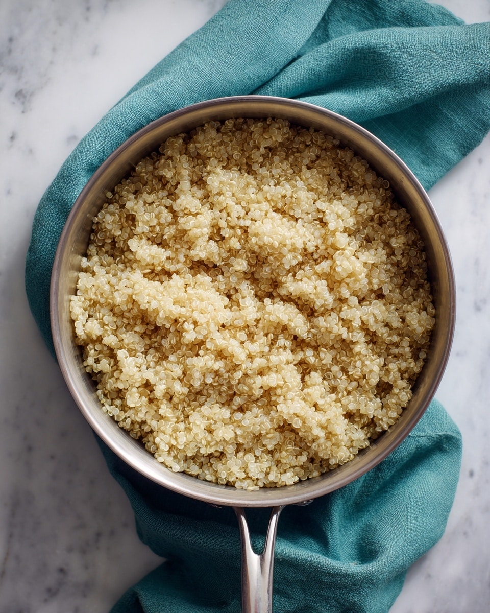 The image shows a gray metal pot filled with cooked quinoa. The quinoa is fluffy and light yellow in color, with a grainy, slightly wet texture, filling the pot evenly to about three-quarters full. The pot has a metal handle, and it is placed on a teal cloth on a white marbled surface. The photo taken with an iphone --ar 4:5 --v 7