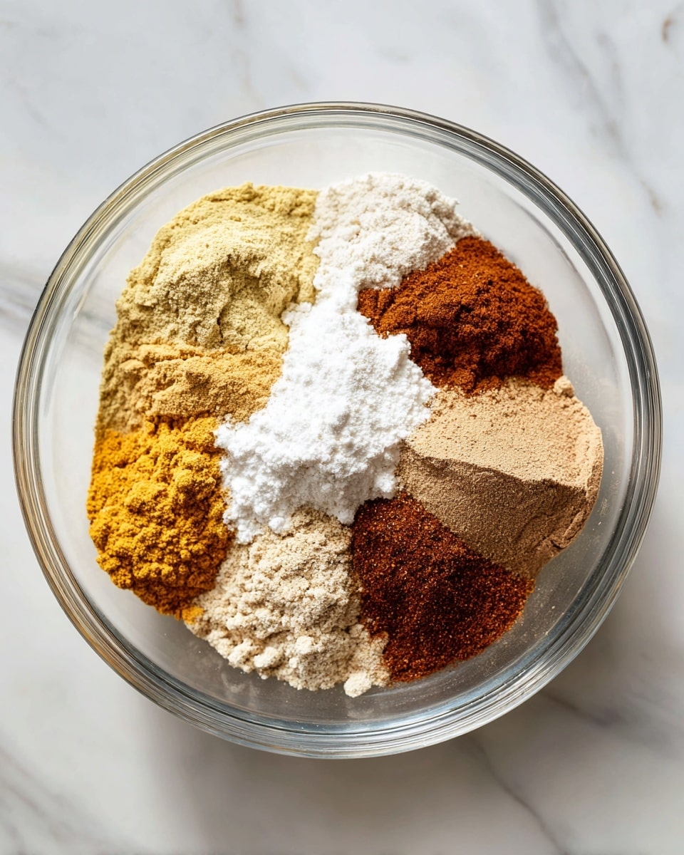 A large clear glass bowl sits on a white marbled surface, filled with six separate layers of dry ingredients arranged in neat piles. The layers include a white powder in the center bottom, a light yellow powder to the left, a beige powder on the right, a darker brown powder at the top right, and two smaller piles of reddish-brown spices positioned near the top and bottom right. The textures range from fine powders to grainy spices, all resting distinct but close to each other, ready to be mixed. Photo taken with an iphone --ar 4:5 --v 7