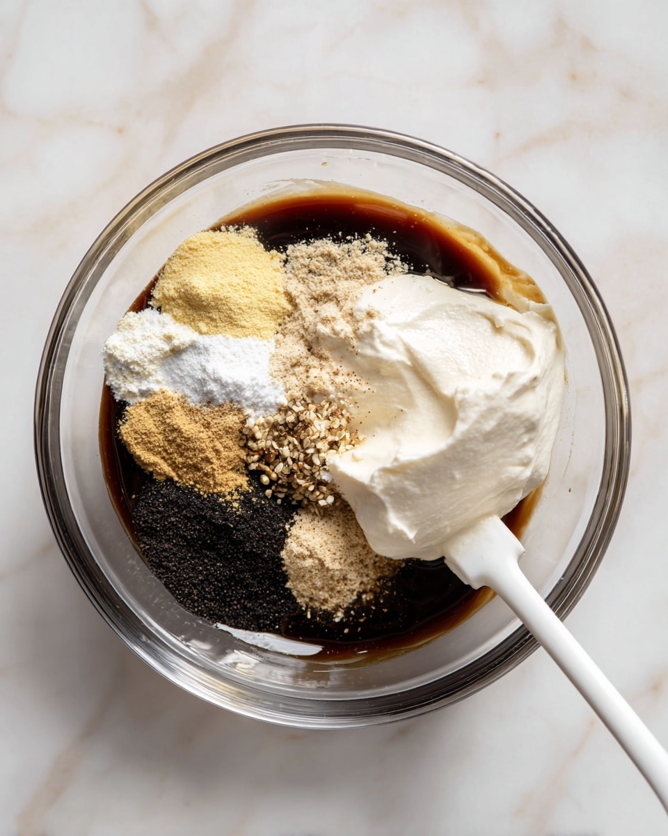 A clear glass bowl holds several ingredients layered inside. The bottom layer is dark brown liquid sauce spread unevenly around the edges. On top of the sauce are several powders in small separate sections, including light yellow, beige, black pepper, and light brown flakes. A large white dollop of thick cream or yogurt sits near the center, partially blending with the powders. A white spatula rests on the side of the bowl, partially touching the cream layer. The bowl is placed on a white marbled surface. Photo taken with an iphone --ar 4:5 --v 7