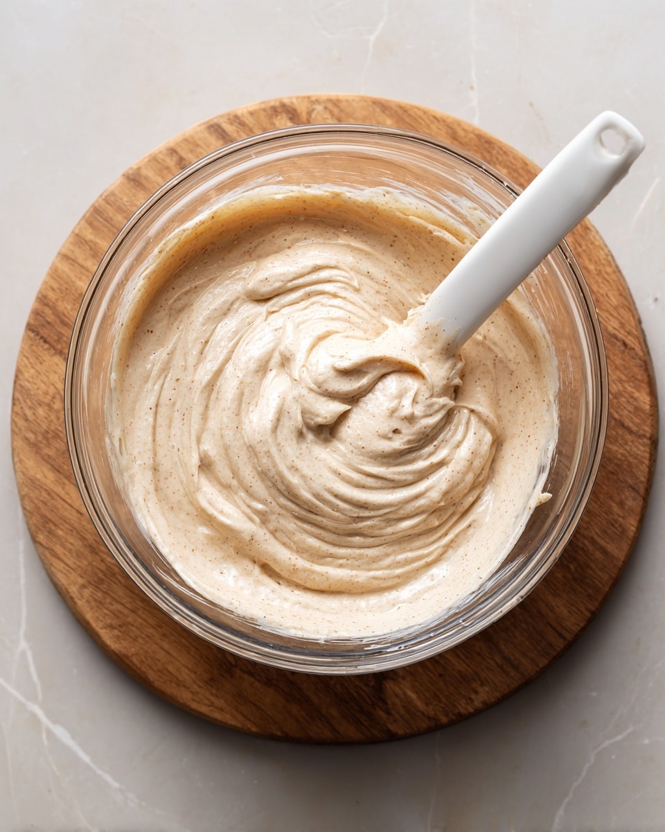 A clear glass bowl holds a thick, creamy mixture with a pale beige color that has small specks throughout. The texture looks smooth and whipped, with wide, soft swirls made by a white spatula resting inside the bowl. The bowl sits on a wooden board, and the background surface is changed to a white marbled texture. The image captures the creamy mixture closely, showing its soft texture and light color. photo taken with an iphone --ar 4:5 --v 7