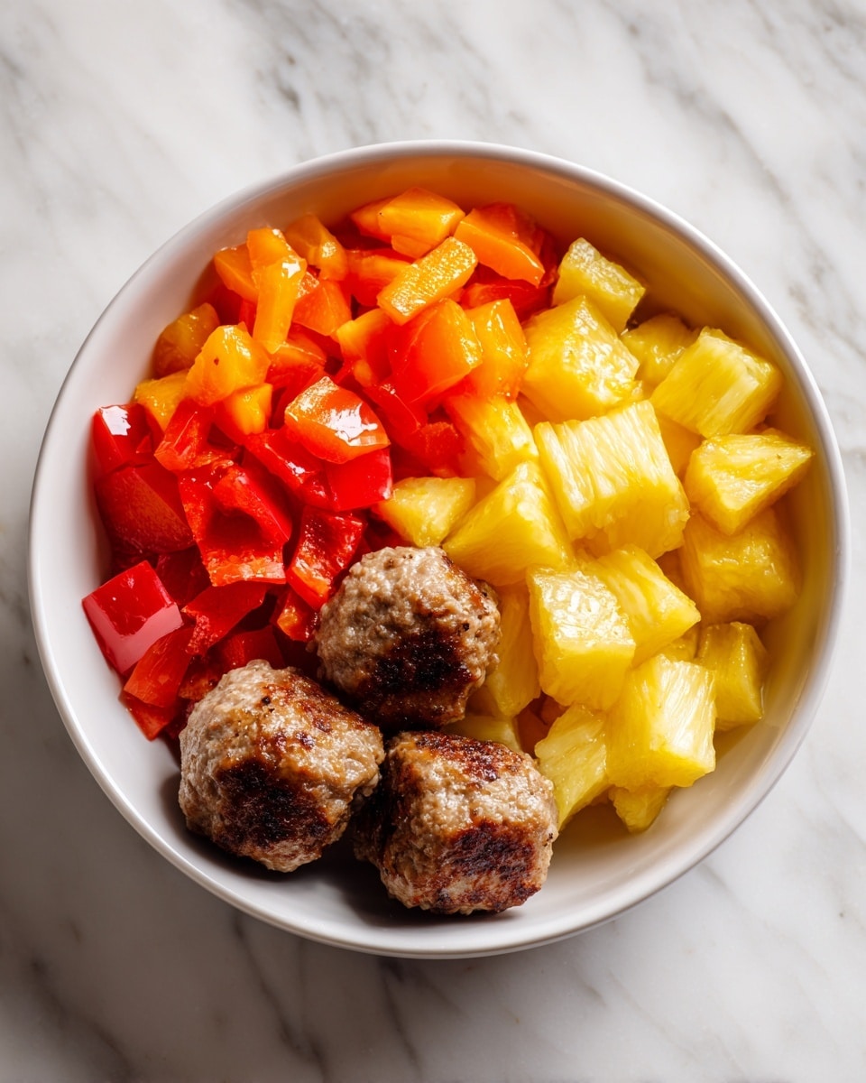 The image shows a white bowl filled with two main layers: the bottom layer is soft white rice with a slightly fluffy texture, taking up about half of the bowl, and the top layer is a mix of brown meatballs coated in a shiny sauce, chunks of yellow pineapple, and pieces of red bell pepper, all garnished with green onion slices and small white sesame seeds scattered on top. The bowl sits on a white marbled surface, and a woman's hand is about to hold it on the side. The image is bright and clear, highlighting the colorful contrast of the ingredients photo taken with an iphone --ar 4:5 --v 7
