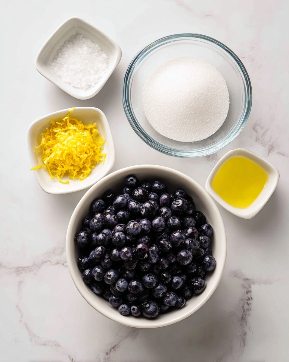 A top view of five small white bowls and one white bowl with blueberries set on a white marbled surface. The largest white bowl, in the center, is full of fresh dark blue blueberries. To its right is a glass bowl filled with white granulated sugar, and above it is a tiny glass bowl filled with salt. On the left side, there is a small square white bowl containing yellow lemon zest, and above it, another small square white bowl holding a yellow liquid, likely lemon juice. The clean and simple arrangement is evenly spaced, showing the fresh and colorful ingredients clearly. photo taken with an iphone --ar 4:5 --v 7
