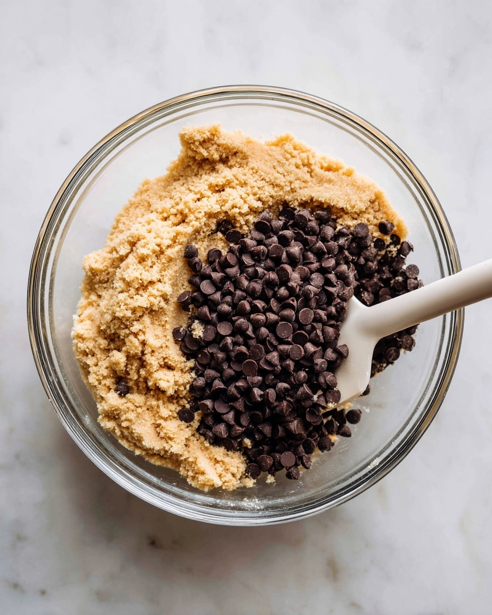 A clear glass bowl sits on a white marbled surface, holding two main layers inside: a light brown, grainy dough or batter base, and a dark layer of small chocolate chips resting on top. A white spatula is partially inserted into the mixture on the right side, lifting a portion of the dough with some chocolate chips mixed in. The bowl is filled about halfway, and the colors contrast between the tan dough and the deep brown chips. Photo taken with an iphone --ar 4:5 --v 7