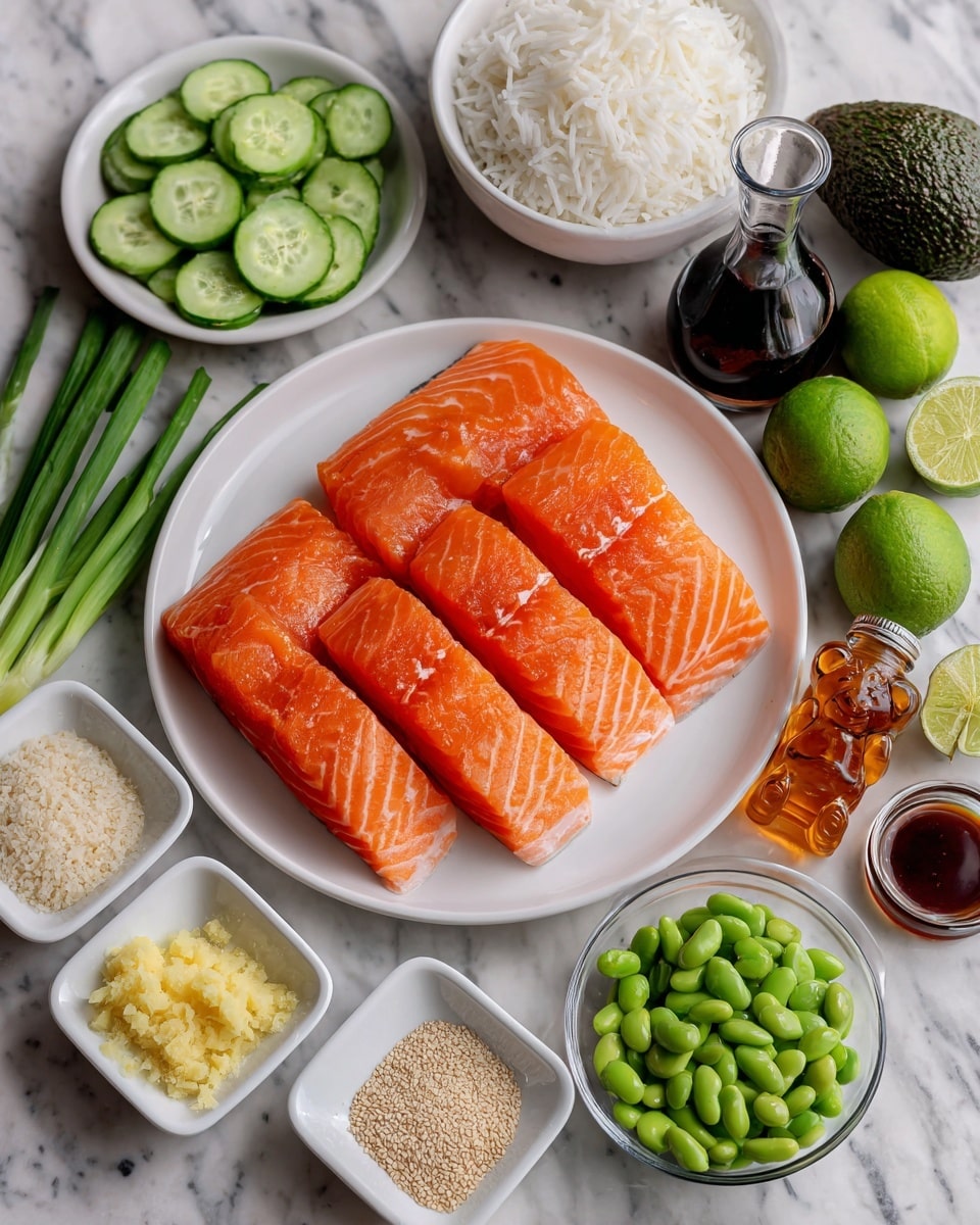A white plate in the center holds six pieces of fresh raw salmon, each piece showing bright orange color with light white lines of fat running through it. Surrounding the plate are small white bowls and containers with various ingredients: sliced green onions on the left, whole green cucumbers below the onions, a whole dark green avocado near the top, a clear bowl of white rice on the upper right, and a clear bowl of green edamame beans on the lower right. Several small white square dishes hold light yellow minced ginger, pale powder seasoning, white powder flour, sesame seeds, light brown sauce, and a small transparent pitcher with dark soy sauce. There is also a honey bottle shaped like a bear on the right side and two halved green limes near the bowls. All items are placed on a white marbled surface. Photo taken with an iphone --ar 4:5 --v 7