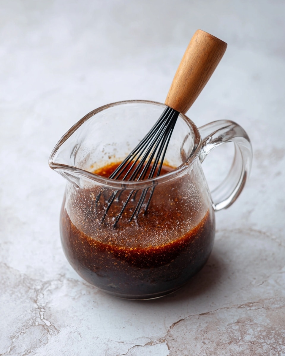 A clear glass pitcher sits on a white marbled surface filled with a dark brown, textured liquid that looks like a mix of spices or sauce. A small black whisk with a light wooden handle is in the pitcher, partially submerged in the liquid with the handle extending out towards the lower right corner of the image. The liquid has a slightly oily shine and small bits floating inside, giving a rough texture. photo taken with an iphone --ar 4:5 --v 7