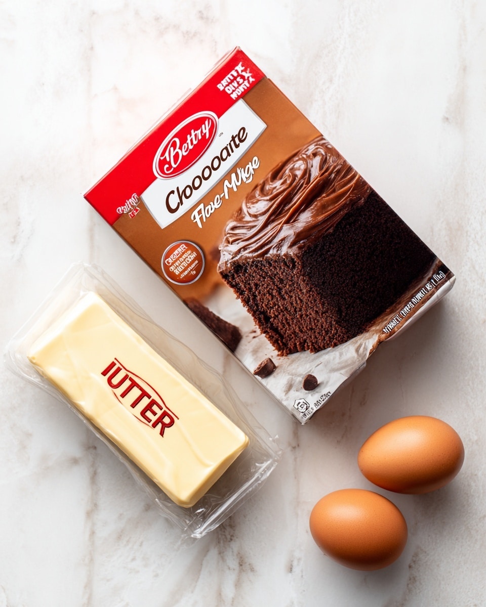 A box of Betty Crocker Super Moist Chocolate Fudge cake mix sits to the left side on a white marbled surface, showing an image of a rich dark brown chocolate cake with a creamy smooth chocolate frosting layer. To the right of the box, there is a rectangular stick of salted butter with the word