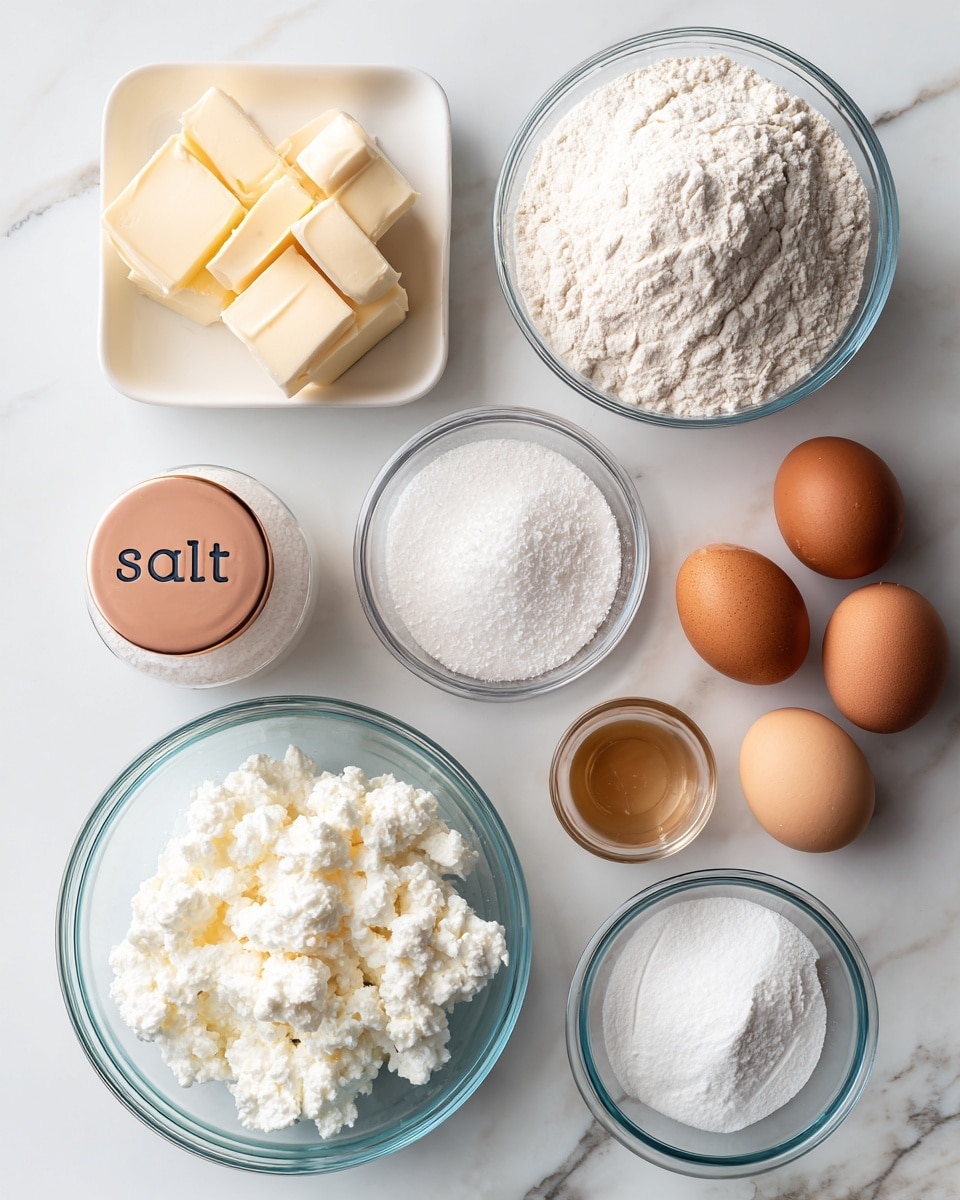 A top view of seven clear glass bowls and a small white dish arranged neatly on a white marbled surface. The bowls contain different baking ingredients: three brown eggs in one bowl at the top right, white flour in a large bowl at the bottom left, white cottage cheese with curds in a medium bowl near the center, a small bowl of white powder (likely baking powder) near the bottom right, and a small bowl of light brown syrup near the top center. The white dish at the top left holds three square pieces of pale yellow butter. Next to the cottage cheese bowl is a small glass container with a copper-colored lid labeled