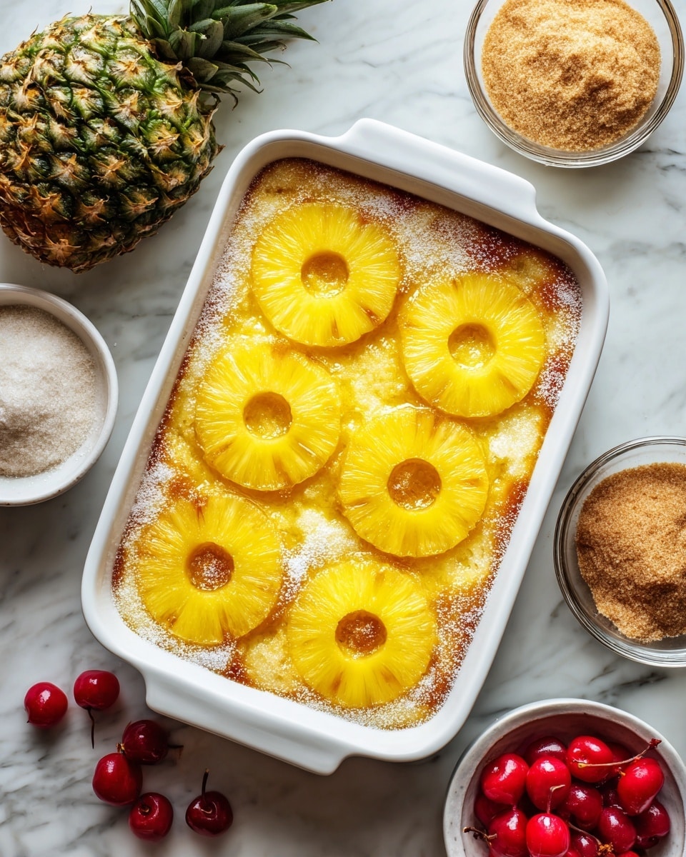 A white rectangular baking dish is filled with a base layer of white flour or powdered sugar, topped with melted butter that gives a yellowish shine. On top, there are nine evenly spaced round pineapple rings, bright yellow with a smooth texture and small central holes. Surrounding the dish on a white marbled surface are a whole pineapple, a glass bowl of light brown sugar, and a white bowl filled with bright red cherries. Photo taken with an iphone --ar 4:5 --v 7